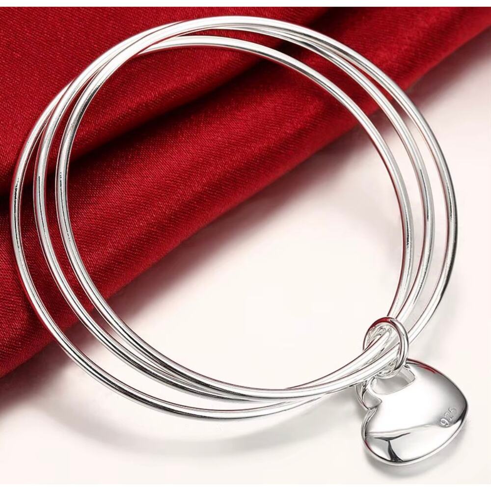 925 Stamp Color Silver Bracelet three circles hanging heart bangle fit 6"-8"